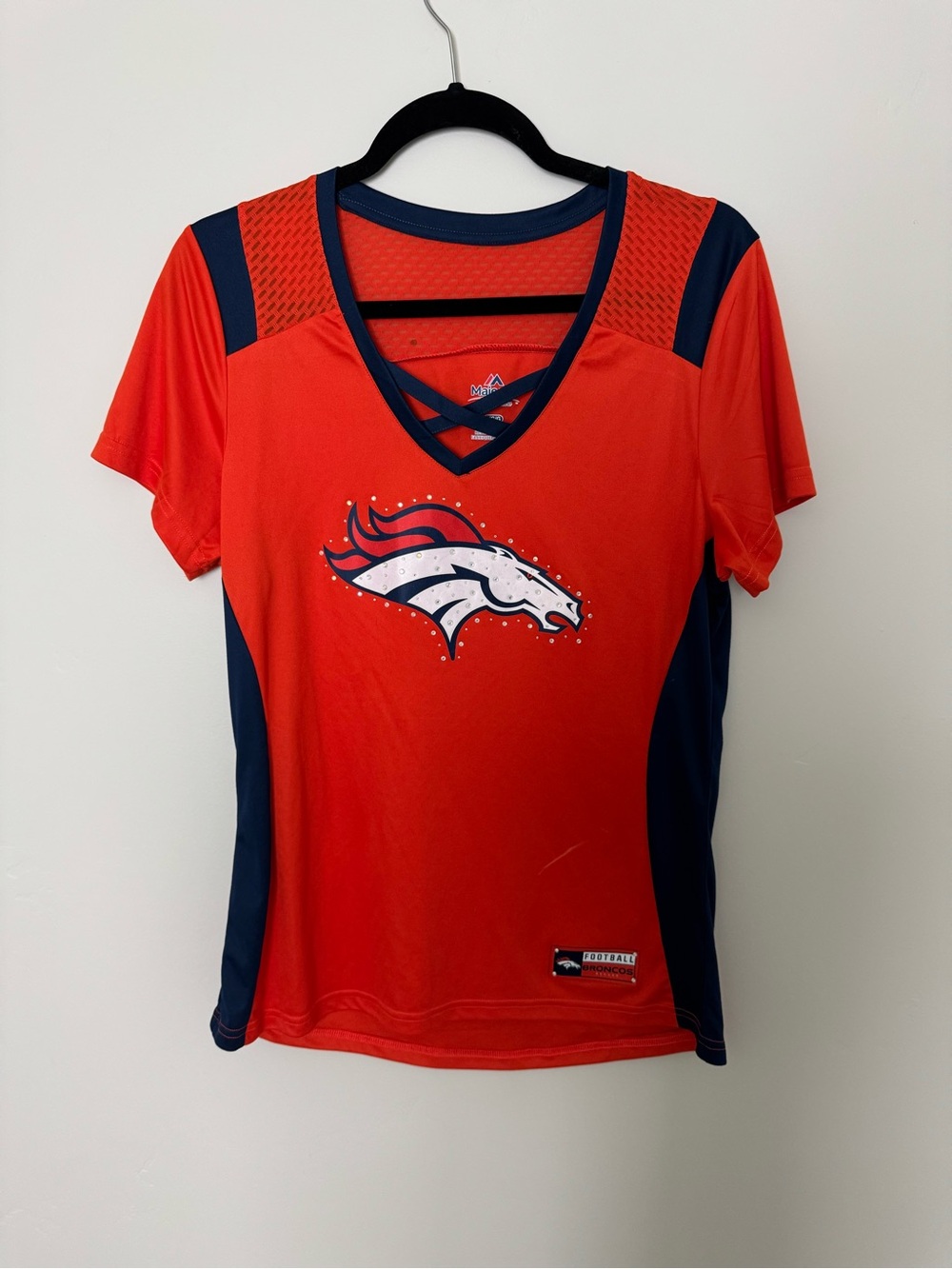 Denver Broncos Women's Orange Bedazzled Short Sleeve V-Neck